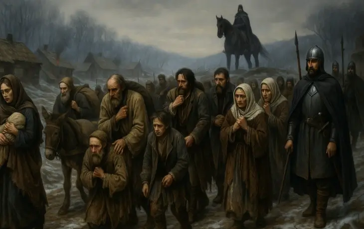 Karanlık bir kış manzarasında, yorgun ve ürkmüş köylülerin askeri gözetim altında topluca yürütüldüğü; arkada atlı bir gözcünün bulunduğu zorunlu sürgün sahnesi.